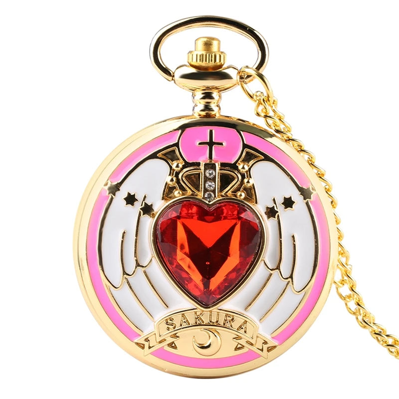 Rhinestone Cartoon Sakura Anime Japanese Anime Stars Moon Quartz Pocket Watch Fashion Stars Women Necklace Pendant Chain Gifts
