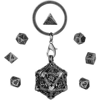 Dice Keychain with Hollow D20 Metal Case DND Dice 7Pcs Polyhedral Metal Dice Set Gaming Dices Necklace Pendant Chain Xmas Gifts