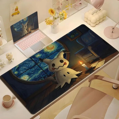 2025Cute Psyduck Gaming Leather Mouse Pad PC Pikachu Large Size Gamer Keyboard Pokemon Desktop Mouse Mat Starry Night Tablecloth