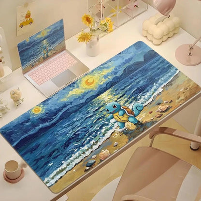 2025Cute Psyduck Gaming Leather Mouse Pad PC Pikachu Large Size Gamer Keyboard Pokemon Desktop Mouse Mat Starry Night Tablecloth