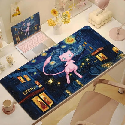 2025Cute Psyduck Gaming Leather Mouse Pad PC Pikachu Large Size Gamer Keyboard Pokemon Desktop Mouse Mat Starry Night Tablecloth