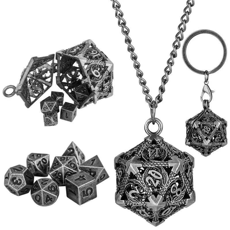Dice Keychain with Hollow D20 Metal Case DND Dice 7Pcs Polyhedral Metal Dice Set Gaming Dices Necklace Pendant Chain Xmas Gifts