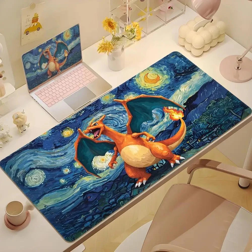 2025Cute Psyduck Gaming Leather Mouse Pad PC Pikachu Large Size Gamer Keyboard Pokemon Desktop Mouse Mat Starry Night Tablecloth