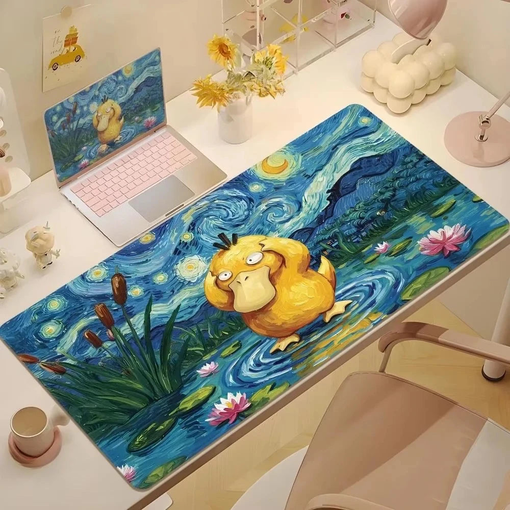 2025Cute Psyduck Gaming Leather Mouse Pad PC Pikachu Large Size Gamer Keyboard Pokemon Desktop Mouse Mat Starry Night Tablecloth
