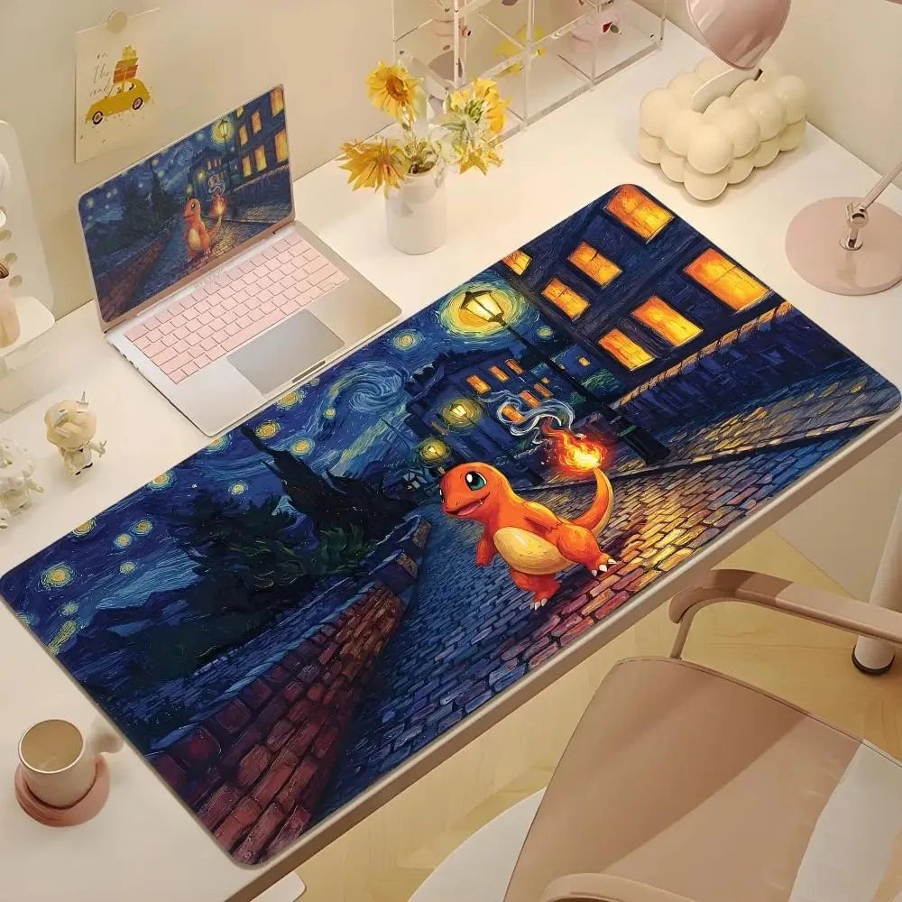 2025Cute Psyduck Gaming Leather Mouse Pad PC Pikachu Large Size Gamer Keyboard Pokemon Desktop Mouse Mat Starry Night Tablecloth