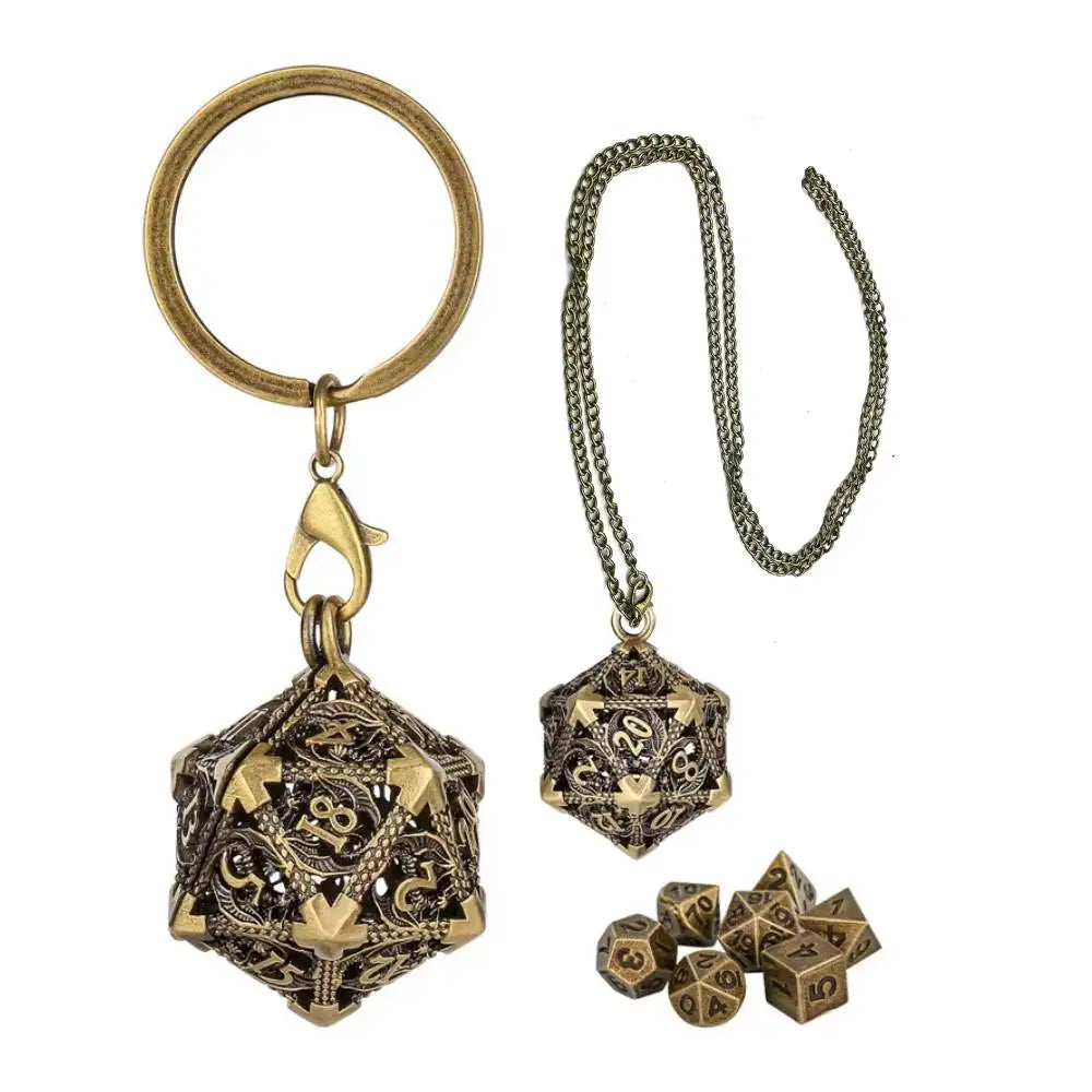 Dice Keychain with Hollow D20 Metal Case DND Dice 7Pcs Polyhedral Metal Dice Set Gaming Dices Necklace Pendant Chain Xmas Gifts