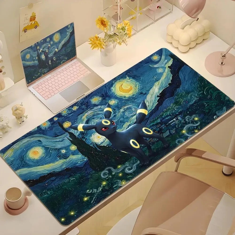 2025Cute Psyduck Gaming Leather Mouse Pad PC Pikachu Large Size Gamer Keyboard Pokemon Desktop Mouse Mat Starry Night Tablecloth