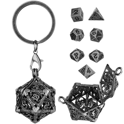 Dice Keychain with Hollow D20 Metal Case DND Dice 7Pcs Polyhedral Metal Dice Set Gaming Dices Necklace Pendant Chain Xmas Gifts