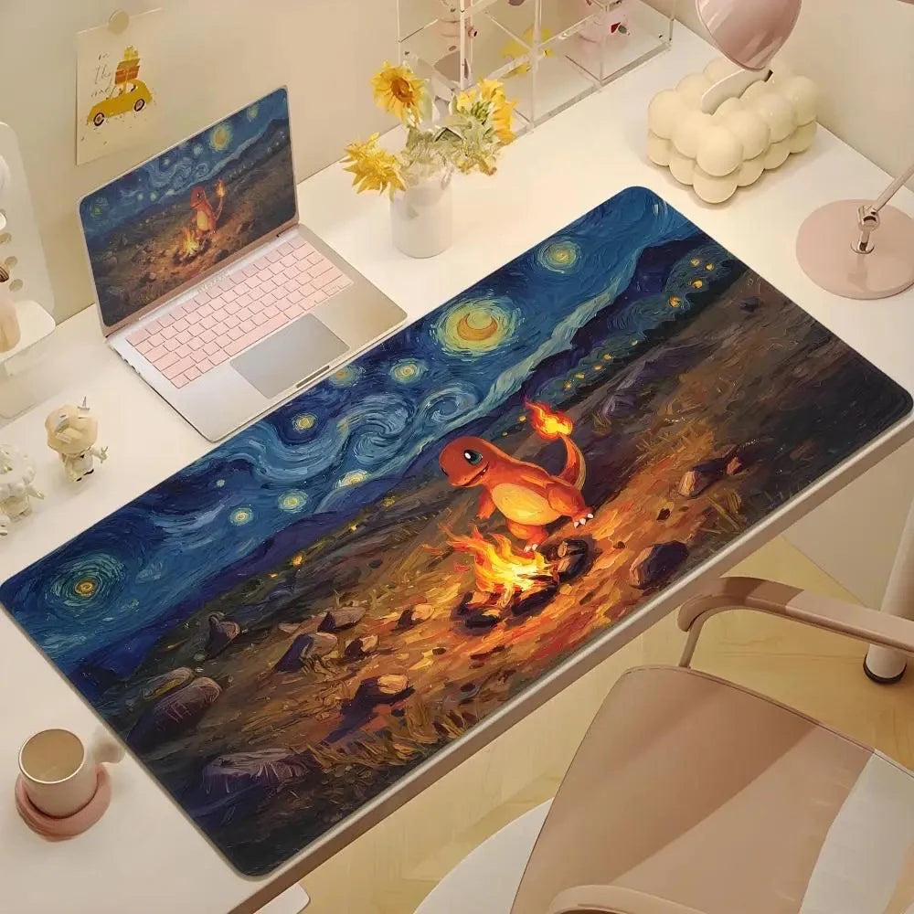 2025Cute Psyduck Gaming Leather Mouse Pad PC Pikachu Large Size Gamer Keyboard Pokemon Desktop Mouse Mat Starry Night Tablecloth