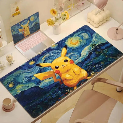 2025Cute Psyduck Gaming Leather Mouse Pad PC Pikachu Large Size Gamer Keyboard Pokemon Desktop Mouse Mat Starry Night Tablecloth