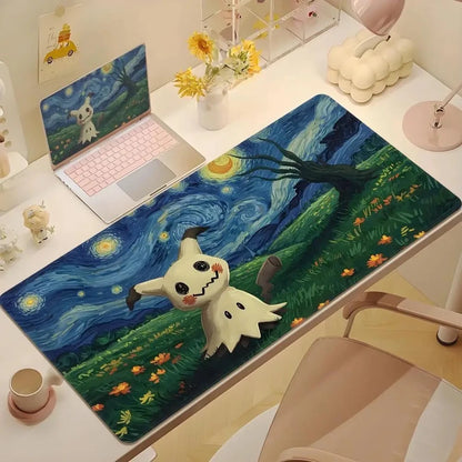 2025Cute Psyduck Gaming Leather Mouse Pad PC Pikachu Large Size Gamer Keyboard Pokemon Desktop Mouse Mat Starry Night Tablecloth