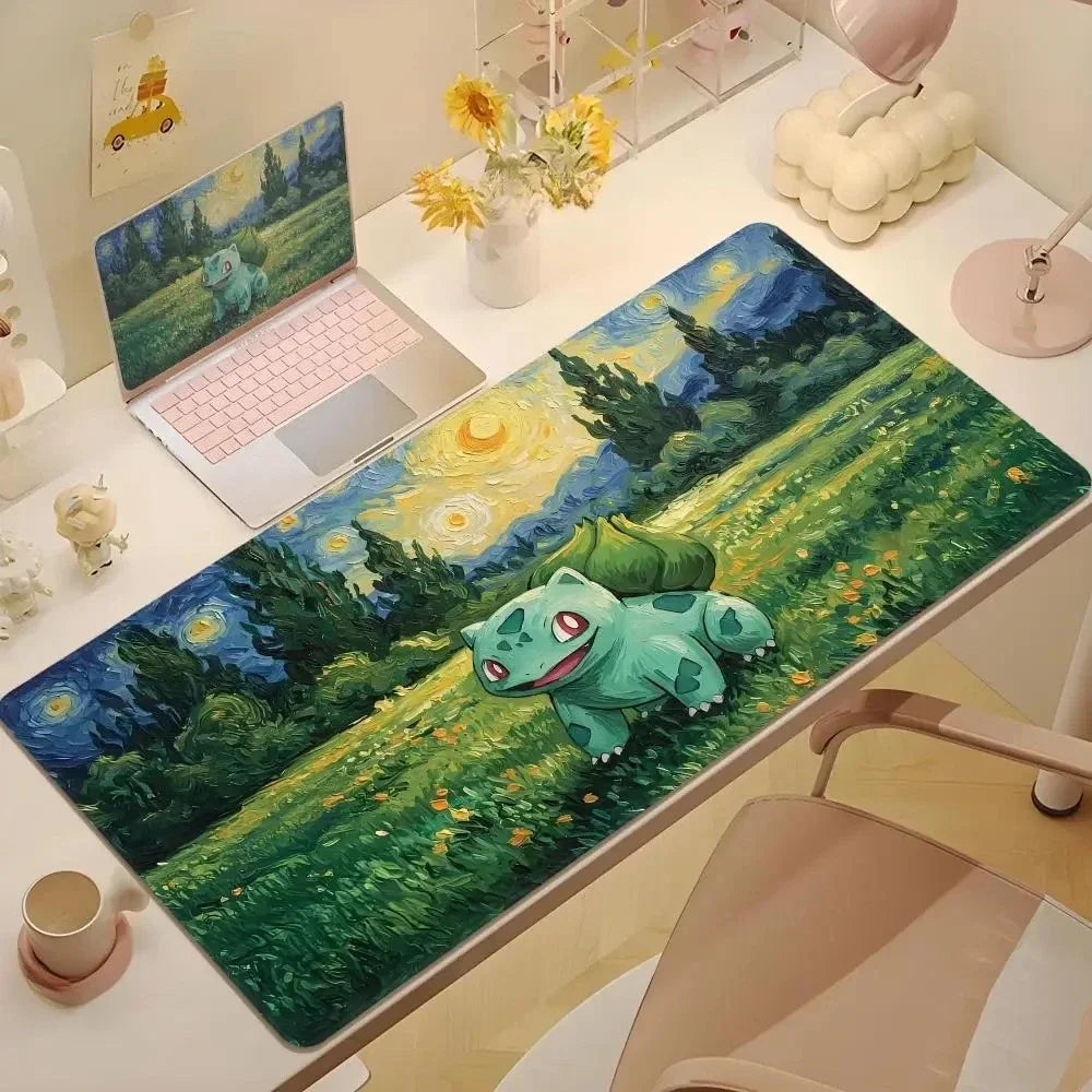 2025Cute Psyduck Gaming Leather Mouse Pad PC Pikachu Large Size Gamer Keyboard Pokemon Desktop Mouse Mat Starry Night Tablecloth