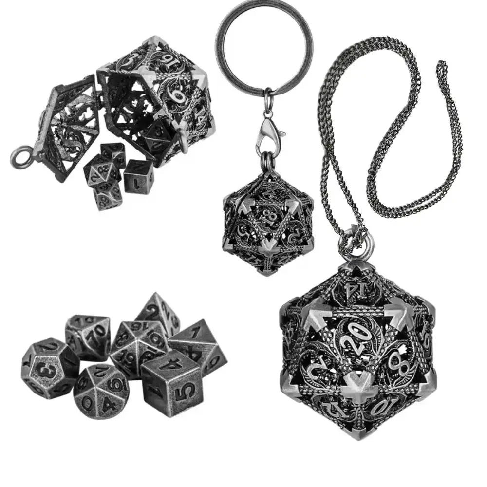 Dice Keychain with Hollow D20 Metal Case DND Dice 7Pcs Polyhedral Metal Dice Set Gaming Dices Necklace Pendant Chain Xmas Gifts