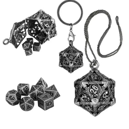 Dice Keychain with Hollow D20 Metal Case DND Dice 7Pcs Polyhedral Metal Dice Set Gaming Dices Necklace Pendant Chain Xmas Gifts