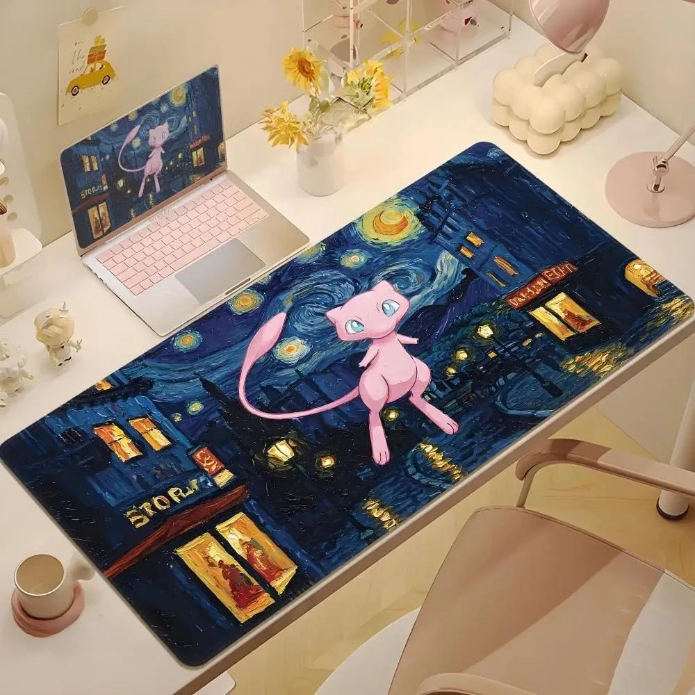 2025Cute Psyduck Gaming Leather Mouse Pad PC Pikachu Large Size Gamer Keyboard Pokemon Desktop Mouse Mat Starry Night Tablecloth